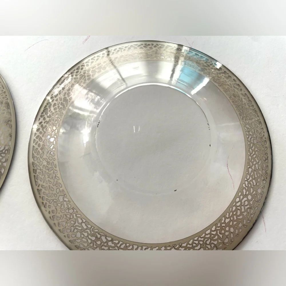 Five Vintage Clear Glass Sterling Silver Lace Overlay Bread Plates